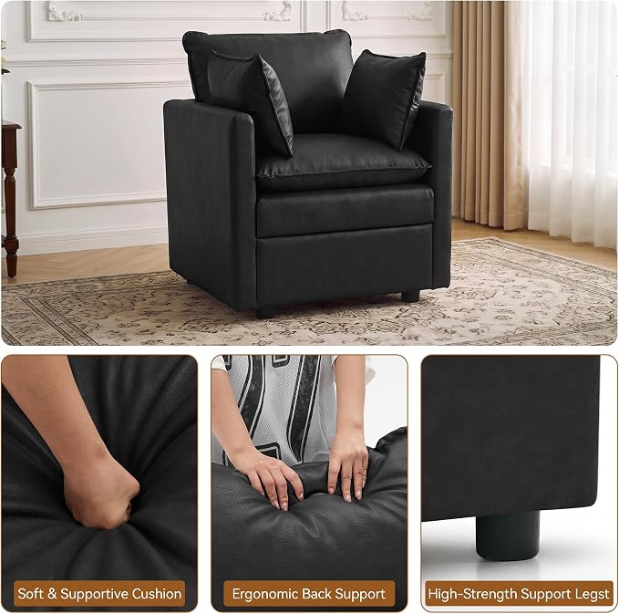 30" Black Faux Leather Sofa Chair, Single Cloud Accent Chair with Storage | Modern Upholstered Deep Seat Sofa Chair, Comfort for Reading, Lounging, and Small spaces, Armchair for Living Room, Bedroom