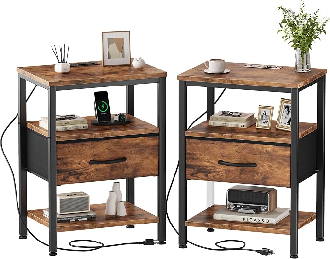 DUMOS Nightstand Set of 2 with Wireless Charging Station Bed Side Tables with Adjustable Fabric Drawers and 3 - Tier Storage End Tables Modern Design, Brown