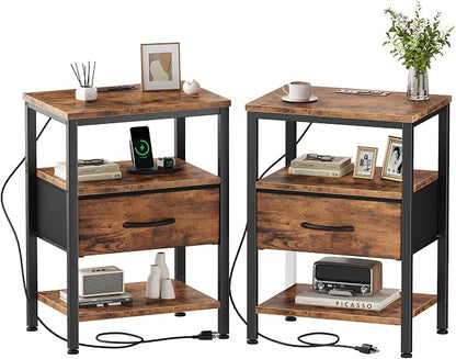 DUMOS Nightstand Set of 2 with Wireless Charging Station Bed Side Tables with Adjustable Fabric Drawers and 3 - Tier Storage End Tables Modern Design, Brown