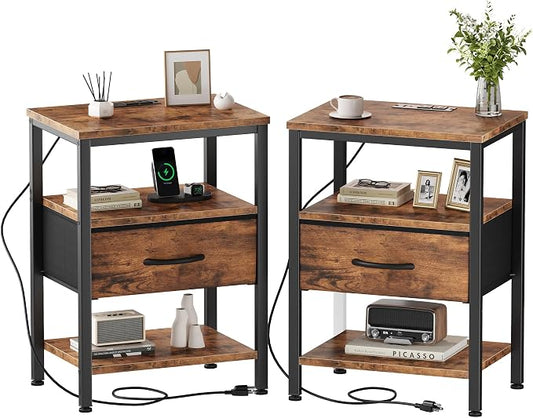 DUMOS Nightstand Set of 2 with Wireless Charging Station Bed Side Tables with Adjustable Fabric Drawers and 3 - Tier Storage End Tables Modern Design, Brown