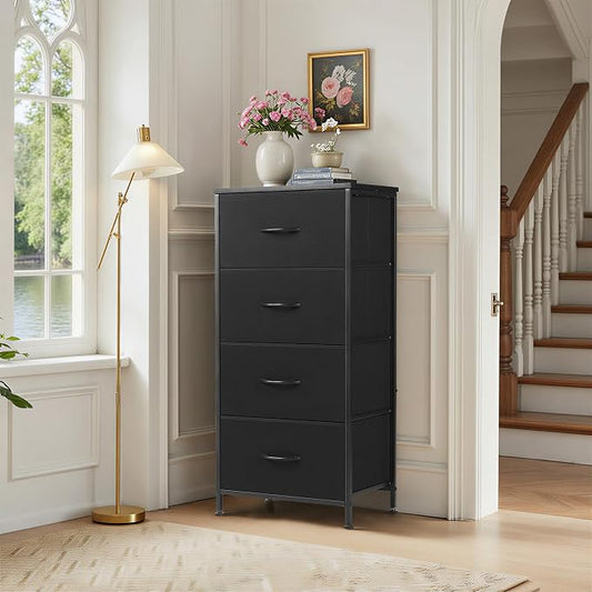 4 Drawers Dresser for Bedroom, Upgraded Fabric Storage Tower Organizer with Wooden Top and Steel Frame, Tall Chest of Drawers for Closet, Entryway, Dorm, Soft Black