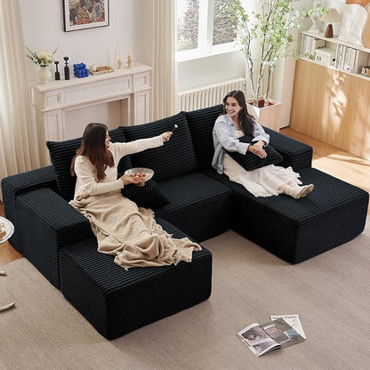 107" Comfy U-Shaped Sectional Modern Boneless Corduroy Couch with Chaise - No Assembly Required! Deep-Seat, Upholstered Modular Cloud Sofa for Living Room, Plush Corduroy Fabric(Black)