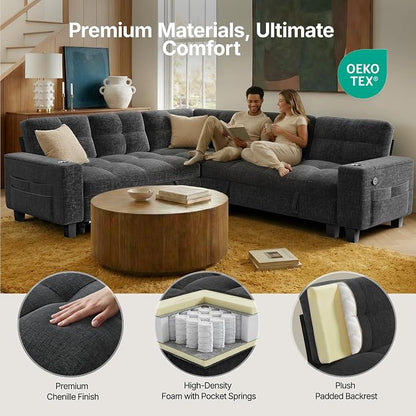 AMADA HOMEFURNISHING 85″ Modular Sectional Sleeper Sofa with Pull Out Couch, U Shaped 5 Seat Sectional Sofa with Storage, USB Ports & Cup Holders, Chenille Cloud Couches for Living Room, Dark Grey