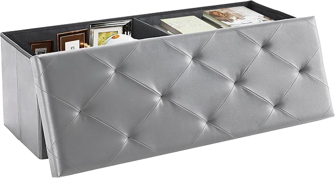 DUMOS 43 Inch Folding Storage Ottoman Bench, Large Storage Chest withThicker Foam Padded Seat, End of Bed Foot Rest Stool for Bedroom Living Room Entryway, Load 660 lbs, Lychee Grain Leather, Grey