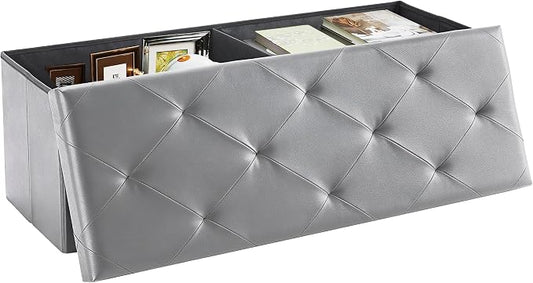 DUMOS 43 Inch Folding Storage Ottoman Bench, Large Storage Chest withThicker Foam Padded Seat, End of Bed Foot Rest Stool for Bedroom Living Room Entryway, Load 660 lbs, Lychee Grain Leather, Grey