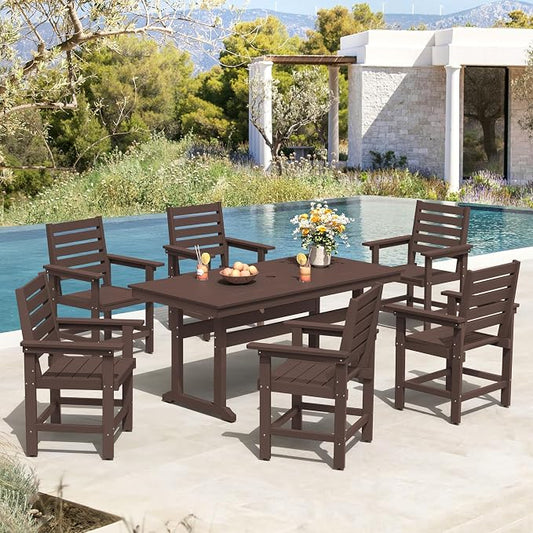 7 Piece Patio Dining Set, 66" Rectangle HDPS Weather Resistant Outdoor Table & 6 Patio Chairs Set with 1.96" Umbrella Hole, Heavy Duty Chairs for Backyard Deck, Dark Brown