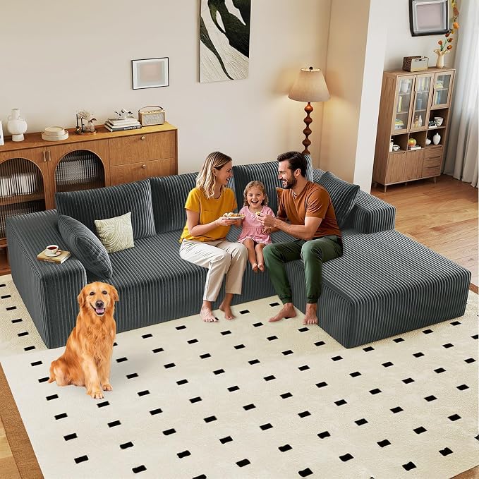 96" Modular Sectional Sofa, Modern Corduroy Cloud Couch with Deep Seat, Boneless Couch Upholstered 3-Seater L-Shaped Sofa for Living Room, No Assembly Required (Dark Grey, Right-Facing Chaise)