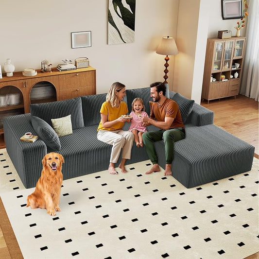 96" Modular Sectional Sofa, Modern Corduroy Cloud Couch with Deep Seat, Boneless Couch Upholstered 3-Seater L-Shaped Sofa for Living Room, No Assembly Required (Dark Grey, Right-Facing Chaise)