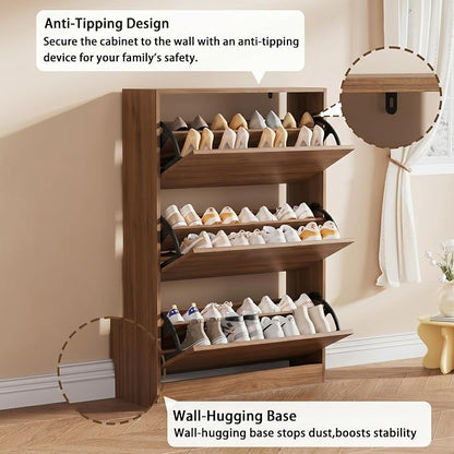 Shoe Storage Cabinet, Wood Shoe Organizer for Entryway with 3 Flip Drawers, Freestanding Shoe Rack with Adjustable Shelf, Narrow Shoe Dresser for Front Door Entrance (Walnut, Standard 3 Drawers)