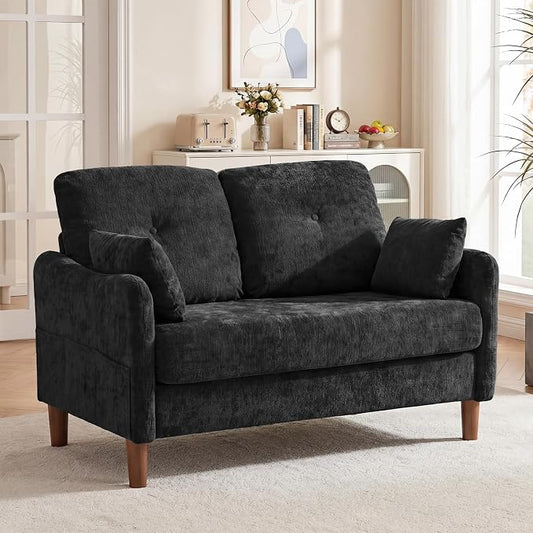 Vipbear 48" Loveseat Sofa,Modern Small Couches for Small Spaces,Black Chenille Love Seat Couch for Living Room,Bedroom,Apartment,Office,Deep Seat,Throw Pillow,Side Pockets,Curved Armrest