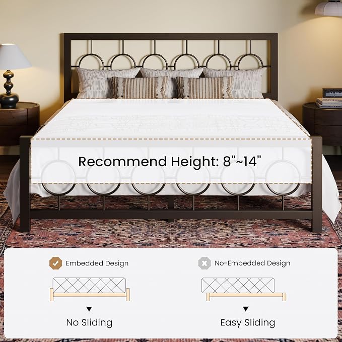 SHA CERLIN King Size Metal Bed Frame with Vintage Circular Design Headboard and Footboard,No Box Spring Required, Easy Assembly,Noise-Free,Brown