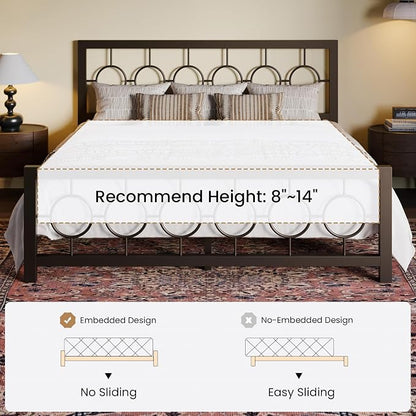 SHA CERLIN King Size Metal Bed Frame with Vintage Circular Design Headboard and Footboard,No Box Spring Required, Easy Assembly,Noise-Free,Brown