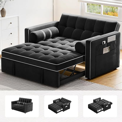 Pipishell 3 in 1 Sleeper Sofa Bed, Pull Out Couch with USB Ports & Side Pockets, Adjustable Backrest, Convertible Loveseat Sofa Bed, Futon Couches, Charcoal Black Velvet, Living Room