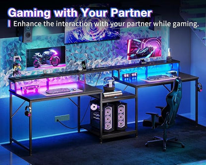 Casaottima 98 Inch 2 Person Gaming Desk with Storage Shelves, Long Double Home Office Computer Writing Desks with USB Charging Port & LED Lights, Monitor Stand, Modern Study/Work Table,Black