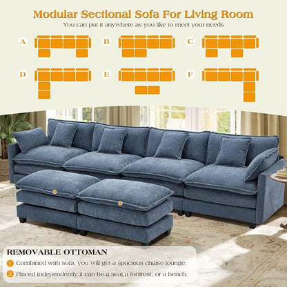 149.2" Modular Sectional Sofa,Cloud Couch for Living Room, Modern Deep Seat Sofa 4 Seater Chenille Fabric Comfy Couches with Throw Pillows & Ottoman for Apartment