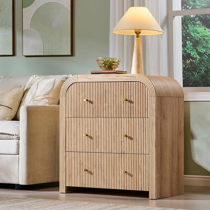 T4TREAM Fluted Dresser with 3 Drawers, 32" Tall Modern Chest of Drawers with Thickened Curved Profile Design, Wood Closet Clothes Storage Organizer for Bedroom, Living Room, Hallway, Natural Oak