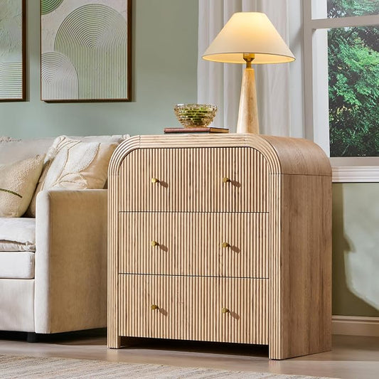 T4TREAM Fluted Dresser with 3 Drawers, 32" Tall Modern Chest of Drawers with Thickened Curved Profile Design, Wood Closet Clothes Storage Organizer for Bedroom, Living Room, Hallway, Natural Oak