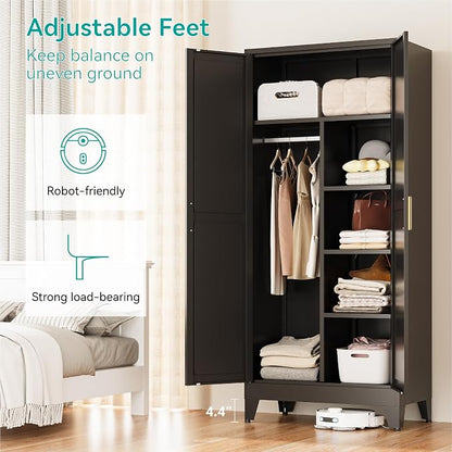 71" Tall Metal Armoire Wardrobe Closet with Hanging Rod and 3 Adjustable Shelves,Black Storage Cabinet,Steel Wardrobe for Bedroom Garage Laundry Room Office Apartment,6 Tier 1 Pack