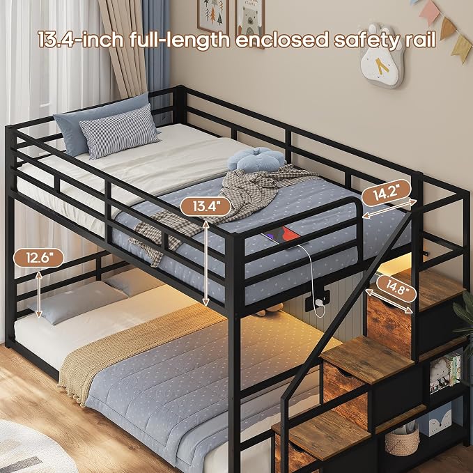 ADORNEVE Low Bunk Bed Twin Over Twin with Storage Staircase, Drawers & Shelves, RGB LED Lights Metal Floor Bunk with Power Outlet, Full-Length Guardrail & Metal Slats, for Small Space, Kids, Black