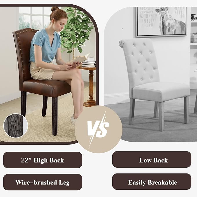 LSSBOUGHT PU Dining Chair Upholstered Parsons Kitchen Chair with Copper Nails and Solid Wood Legs for Dining Room,Restaurant (Vintage Brown, 2PCS)