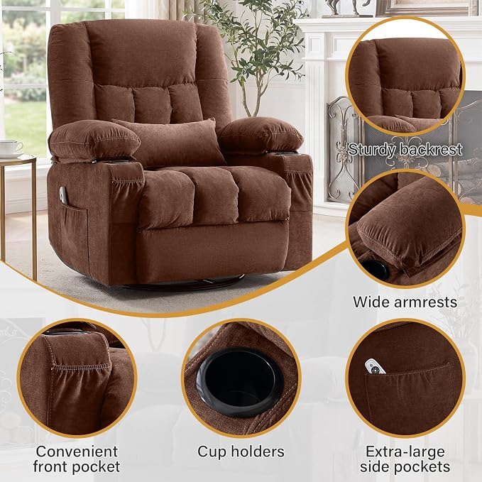 Swivel Recliner Chair for Adults with Vibration Massage and Lumbar Heat , Oversized Ergonomic Rocking Chair for Living Room and Bedroom, Featuring Side Pocket, 2 Cup Holders & USB Charge Port