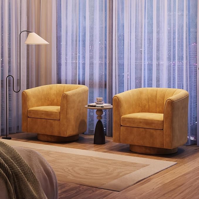 LINSY Swivel Accent Chair with Ottoman: Small Velvet Barrel Chair 360 Swivel Modern Armchair, Upholstered Reading Chair with Footrest for Living Room Bedroom Study Room (Yellow)