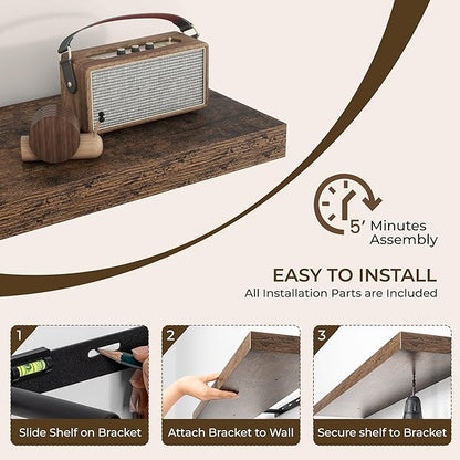 RICHFOCUS 31.5Inch Floating Shelves for Wall 2 Pack Shelves for Bedroom|Kitchen|Bathroom Wall Mounted Rustic Wood Floating Shelf with Invisible Brackets for Books|Storage|Decor, Rustic Brown