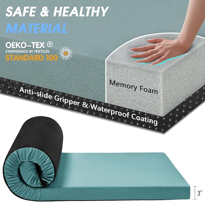 CYMULA 3 Inch Memory Foam Camping Pad, Camping Essentials Roll Up Floor Mat for Car Camping, Cot, Tent, Truck, Travel and Guest Use, Non-Slip Waterproof Bottom, Removable Cover