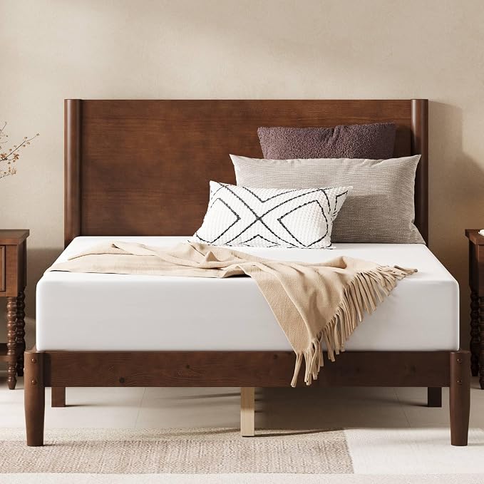 AMERLIFE Solid Wood Full Size Bed Frame, Mid Century Modern Platform Bed with Full Panel Headboard, Noise-Free & Cylindrical Legs, No Box Spring Needed, Under-Bed Storage, Dark Walnut