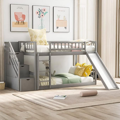 Ball & Cast Twin Over Twin Size Bunk Bed with Two Drawers and Slide,Wood Bunkbed w/Full-Length Guardrails & Storage Convertible Ladder,Space Saving,Slat Support,Bedframe for Child's BedroomGray