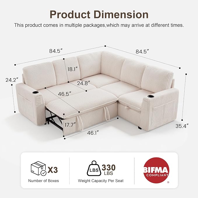 Sectional Sleeper Sofa with Pull Out Bed, Plush Corduroy 5 Seat Modular Sectional Sofa with Storage Chaise and Adjustable Backrest, Cloud Couches for Living Room, Apartment, Beige