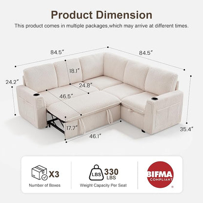Sectional Sleeper Sofa with Pull Out Bed, Plush Corduroy 5 Seat Modular Sectional Sofa with Storage Chaise and Adjustable Backrest, Cloud Couches for Living Room, Apartment, Beige