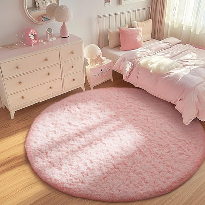 Ophanie Round Rugs 6Ft Pink Circle Area Rug,Fuzzy Bedroom Carpet,Large Shag Plush Floor Kawaii Christmas Living Room Rugs 6 Foot,Cute Room Decor for Kids Teen Girls Baby with Over 99 pcs Pile fibers