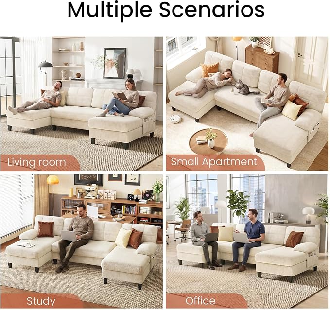 KKL U-Shaped Sectional Couch for Living Room | 112" Sectional Sofa with Double Chaise, Modern Sofa Deep Seat Couches for Living Room, Apartment, Office, Beige