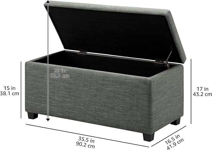 Amazon Basics Upholstered Storage Ottoman Bench with Soft Close Lid, Child-Safety Hinge, 35.5"W x 16.5"D x 17"H, Charcoal Gray