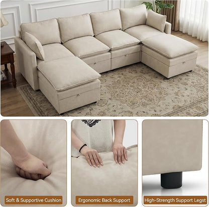 105" Beige Faux Leather Storage 4 Seater Sofa with 2 Ottomans, Comfy Couch | Convertible Modular Sectional Sofa, U Shaped Oversized Couch, Upholstered Large Cloud Couch For Living Room, Apartment.