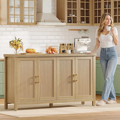 TEENFON Buffet Cabinet with Storage, 63" Fluted Sideboard Cabinet with 4 Adjustable Shelves, Modern Coffee Bar with 4 Doors, Coffee Bar Cabinet for Kitchen, Living Room, Natural