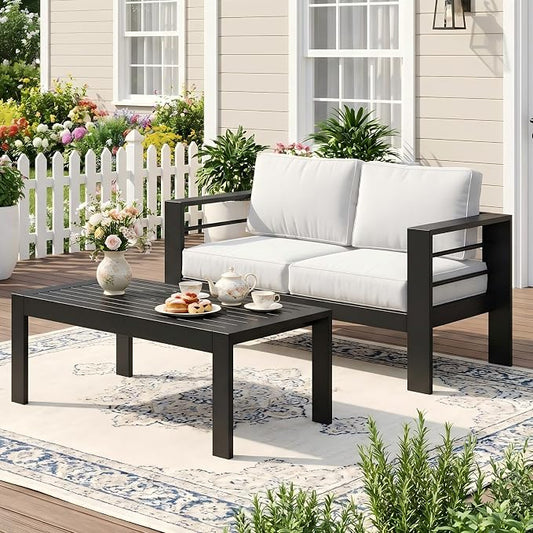 Wisteria Lane Aluminum Outdoor Sofa, 2 Pieces Patio Couch All-Weather Rust-Proof Modern Metal Patio Furniture with 5" Thick Olefin Cushions, Light Grey