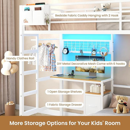 DICTAC Twin Over Twin Bunk Bed with Desk,Led Lights and Charging Station Metal L-Shaped Bunk Beds with Storage Drawers and Shelves, Loft Bed with Safety Guardrail and Ladder for Kids and Teen,White