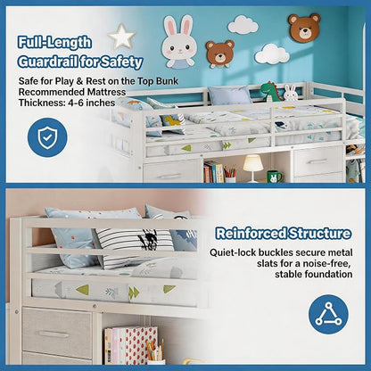 Einhomn Twin Low Loft Bed with 8 Drawers, Bookshelf, Heavy Duty Metal Kids Loft Bed with 13 Inch Safety Guardrail, Play Curtain, Under-Bed Play Area - White