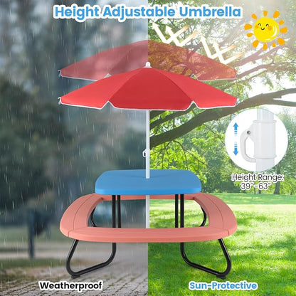 Costzon Kids Picnic Table, 8 Person Kids Outdoor Table and Chairs with Foldable & Adjustable Umbrella, 4 Built-in Benches, Toddler Outdoor Furniture for Backyard, Patio, Garden (Red)