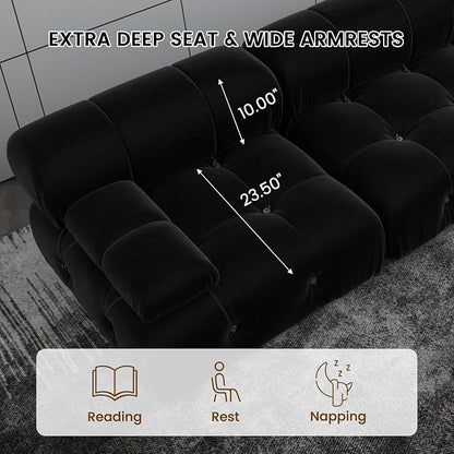 Convertible Modular Sectional Sofa, Modern Velvet Straight 3-Seater Couch for Living Room, Apartment (104 in/Black)