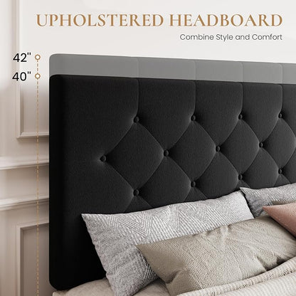 SHA CERLIN King Size Platform Bed Frame with 4 Oversized Storage Drawers, Adjustable Headboard with Velvet Upholstery, Diamond Button Tufted Design, Wooden Slat Support, No Box Spring Needed, Black