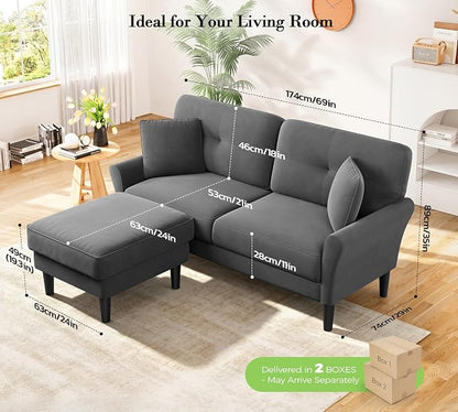 Kidirect Small Sectional Couch, 69" L Shaped Couch, Sectional Sofa, Grey | Comfy Velvet Couch, Tool-Free Setup, 750lb Max Load, Movable Ottoman, Ideal for Living Room, Bedroom, Apartment, Office