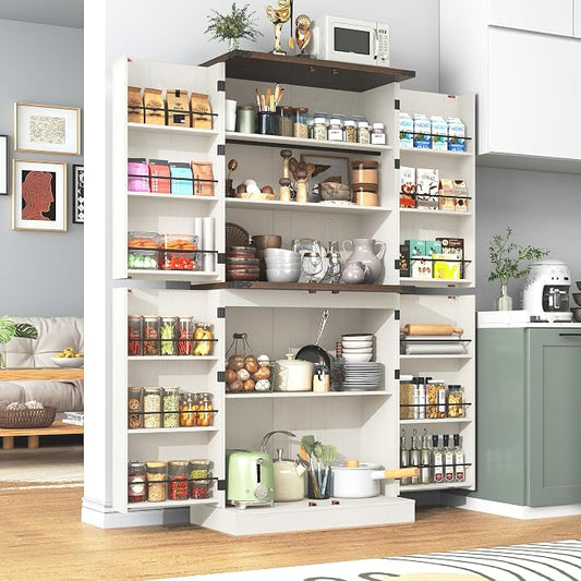 71" Tall Kitchen Pantry Cabinet, Farmhouse Tall Kitchen Storage Cabinet with Adjustable Shelves & 4 Barn Style Doors, Wooden Storage Cabinet for Kitchen, Dining Room, Living Room, Bathroom, Office