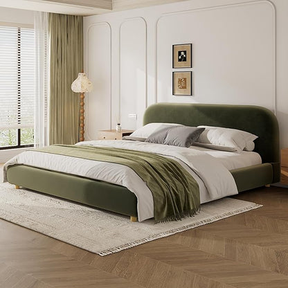 Merax King Size Teddy Fleece Thick Fabric Upholstered Platform Bed with Curved Shaped Headboard, Wood Bed Frame with Solid Round Legs for Kids Teens Adults, Olive Green