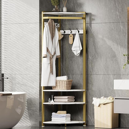 Coat Rack Freestanding with 6 Double Hooks, Shoe Bench & Storage Shelf - Freestanding Hall Tree Organizer for Entryway, Bedroom, Living Room, Space-Saving,Gold+Marble White
