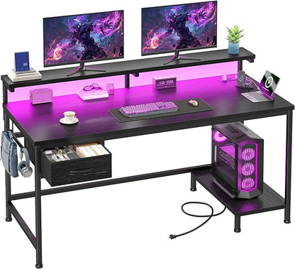 DurayLoly 47.2" Gaming Desk with Power Outlet and LED Lights,Computer Desk with Adjustable Monitor Stand and Drawer,Office Desk with CPU Stand for Home Work,Study and Gaming, Small Spaces,Black