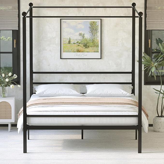 Lutown-Teen King Size Canopy Bed Frame, Four Poster Metal Canopy King Size Bed Frame, Heavy Duty Mattress Foundation with Underbed Storage, No Box Spring Needed, Easy Assembly, Black