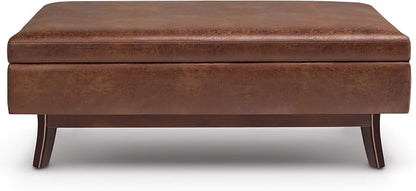 SIMPLIHOME Owen Rectangular Storage Ottoman - 48 inch Wide Upholstered Vegan Leather Lift-Top Ottoman in Distressed Saddle Brown, Mid-Century Modern Ottoman for Living Room with Tufted Detail